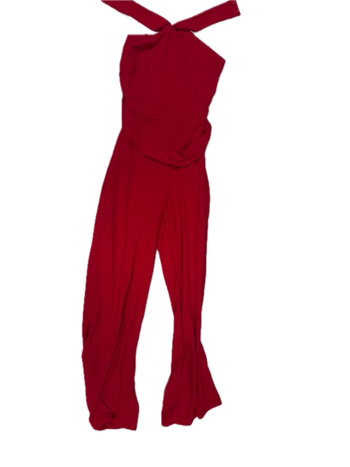 Boohoo Women’s Red Halter Wide-Leg Jumpsuit – Size 8 Elegant Evening Wear Background Removed