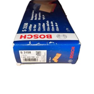 Boxed Bosch S3158 air filter showing multilingual labeling and compatibility with Peugeot petrol engines