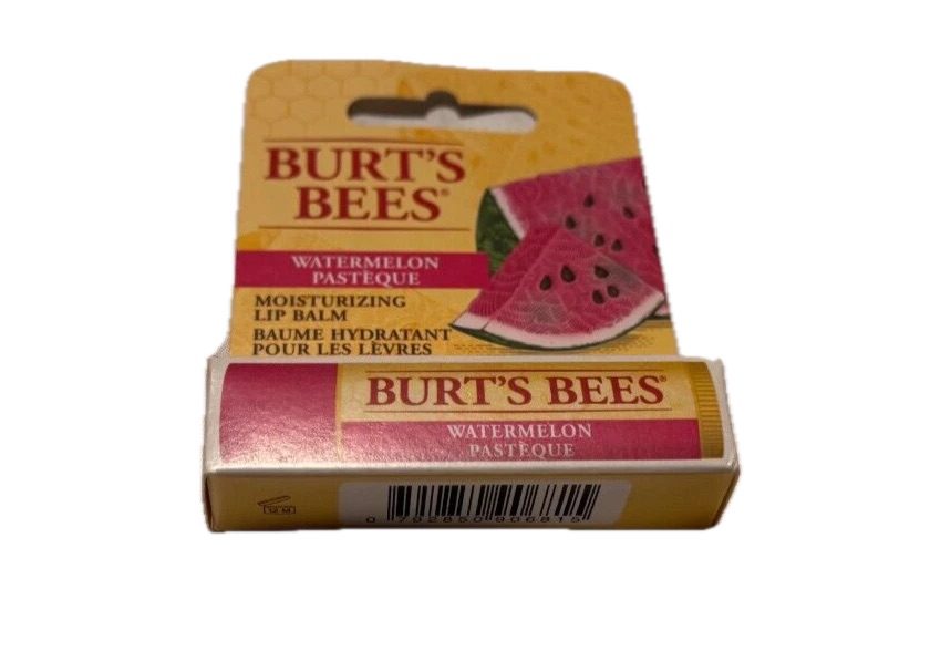 Side view of Burt’s Bees Watermelon Lip Balm in retail blister packaging, tube slightly pushed out