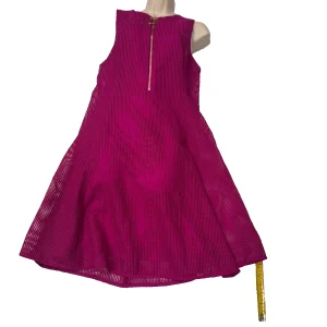 Full front view of DKNY magenta A-line cocktail dress, displayed on mannequin.