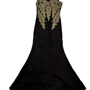 Unmeasured full-length front view of the elegant evening dress on a white background