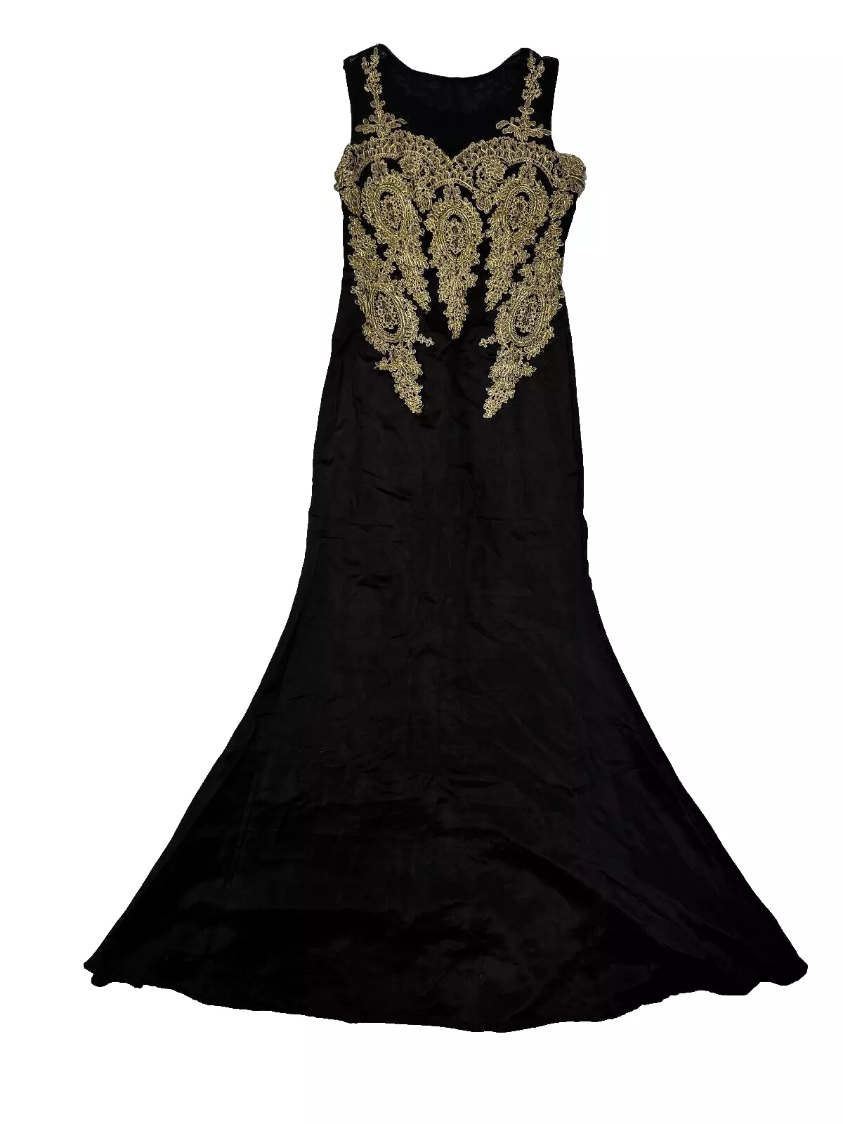 Unmeasured full-length front view of the elegant evening dress on a white background