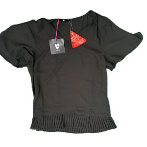 V by Very black short sleeve blouse with V-neck and pleated hem, displayed with tag