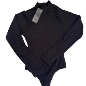 Black Nasty Gal ribbed high neck long sleeve bodysuit laid flat with original tag visible