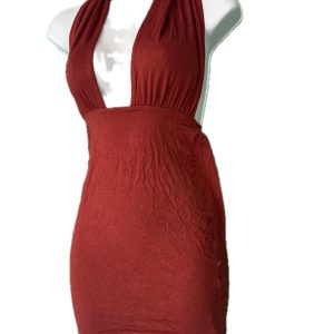 Front view of rust red ASOS halter mini dress with plunge neckline on mannequin