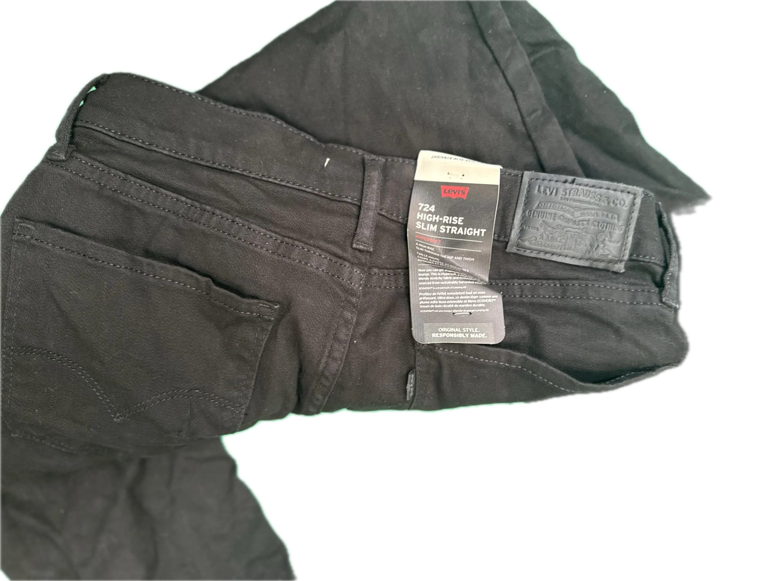 Back patch and tag showing Levi’s 724 High Rise Slim Straight branding